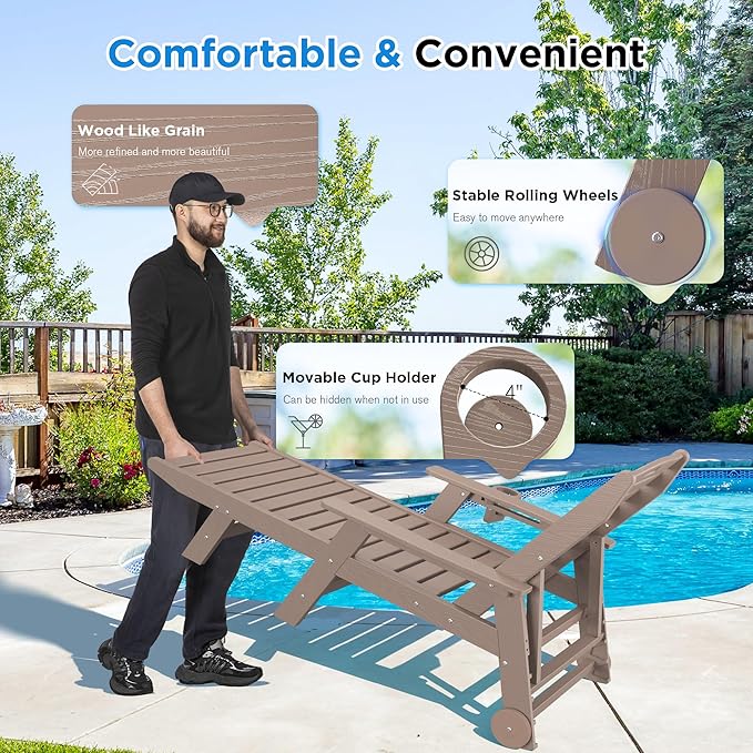 nalone HDPE Chaise Lounge Chair Outdoor with Wheels & Cup Holder, Pool Lounge Chairs with 5-Position Adjustable Backrest, Supports Up to 400 LBS for Patio Poolside Deck Beach Backyard(Grey Brown)