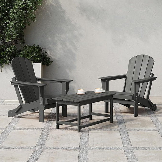 Costaelm Lakeview 3-Piece Adirondack Chairs with Cup Holders and Coffee Table Set, Gray