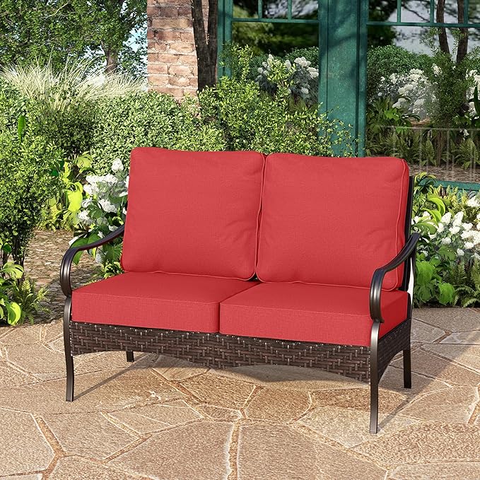 PHI VILLA Wicker & Metal Outdoor 2-Seat Patio Couch, Patio Sofa Loveseat with Deep Seating for Front Porch, Deck - Photo 1