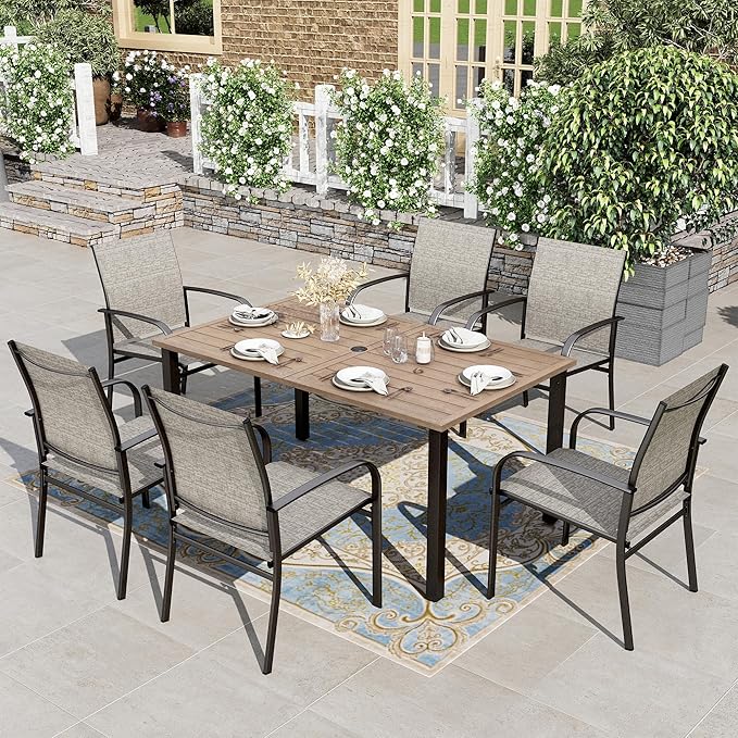 HERA'S HOUSE Outdoor Dining Table for 6, Rectangular Metal Patio Table with Umbrella Hole, 6-Person Weather Resistant Wood-Like Steel Slat Table for Lawn Garden Backyard, L60 xW36 xH29