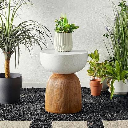 Glitzhome Outdoor Side Table, 17.75" H Decorative Garden Stool MGO Geometric Wood Texture End Table, Round Planter Stand for Indoor Outdoor Living Room Bedroom Patio Deck Poolside