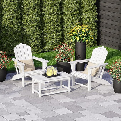 Costaelm Lakeview 3-Piece Adirondack Chairs with Cup Holders and Coffee Table Set, White