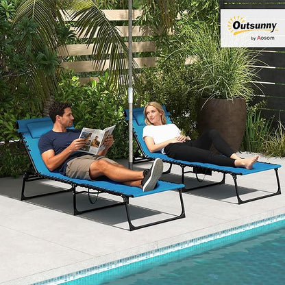 Outsunny Padded Folding Chaise Lounge Chair Outdoor Set of 2, 5-Level Reclining Patio Loungers, Tanning Chairs with Side Pocket, Headrest and Carrying Handle for Beach, Yard, Patio, Sky Blue