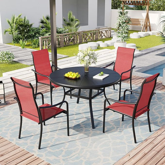 Outdoor Patio Round Dining Table for 4, 40.7" x 40.7" Sleek Aluminum Dining Table with Umbrella Hole for Backyard Garden Lawn Deck, Black