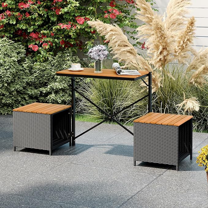 HAPPYGRILL 2-in-1 Outdoor Storage Bench Convertible Picnic Table and Chairs Set with Metal Frame, Acacia Wood Rattan Patio Loveseat for Garden, Backyard, Porch, Deck