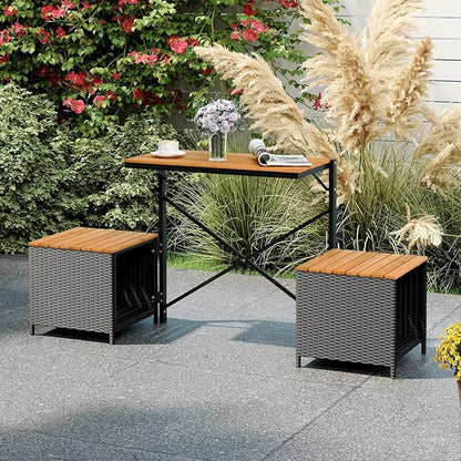 HAPPYGRILL 2-in-1 Outdoor Storage Bench Convertible Picnic Table and Chairs Set with Metal Frame, Acacia Wood Rattan Patio Loveseat for Garden, Backyard, Porch, Deck