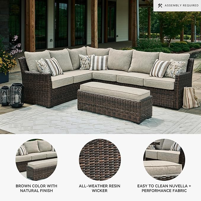 Signature Design by Ashley Brook Ranch Outdoor Sectional, All‑Weather Resin Wicker Patio Furniture With High‑Performance Cushions, Durable Aluminum Frame, Neutral