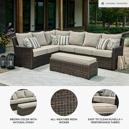 Signature Design by Ashley Brook Ranch Outdoor Sectional, All‑Weather Resin Wicker Patio Furniture With High‑Performance Cushions, Durable Aluminum Frame, Neutral