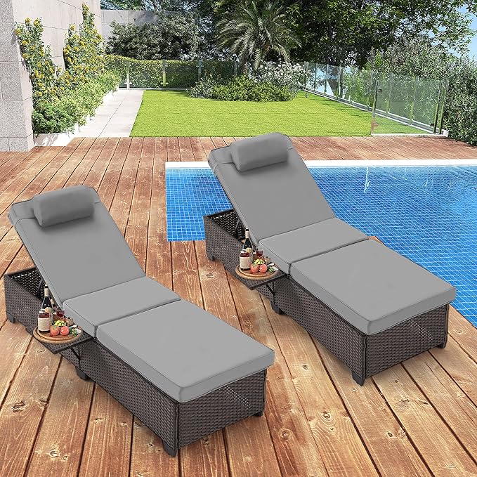 HOMREST PE Wicker Chaise Lounge Chairs Set of 4,Adjustable 5 Position Outside Rattanr Patio Pool Chair with Headrest,Cushion and Storage Rack for Poolside Backyard Porch,Grey