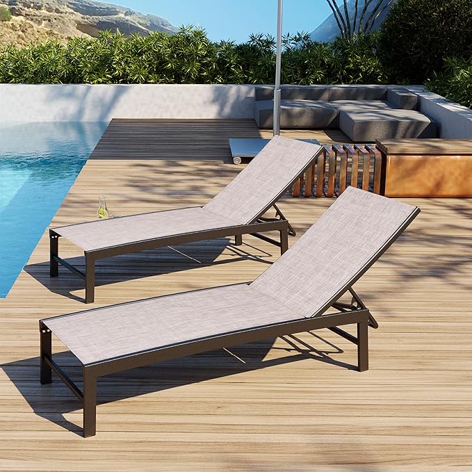 Patio Aluminum Chaise Lounge Chair, Set of 2 Outdoor Recliner Lounge Chair Sun Loungers, All Weather Chaise with 5 Adjustable Backrest and Lay Flat Positions for Garden, Balcony, Pool