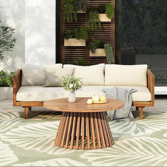 Merax Outdoor Acacia Wood Conversation Set - Patio 3-Seat Loveseat Sofa w/Coushion and Round Coffee Table for Backyard, Lawn, Balcony, Teak+Beige
