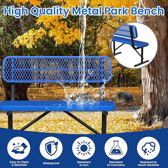 Heavy Duty Park Bench with Back Portable Frame, Outdoor Steel Bench with Backrest, Outdoor Park Bench Expanded Metal Mesh Bench for Lawn, Park, Deck, Garden, Patio, Porch, Black (Blue, 4FT)