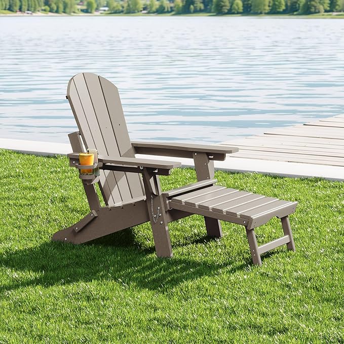 WestinTrends Malibu Folding Adjustable Adirondack Chair with Retractable Ottoman and Cup Holder, Weathered Wood