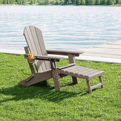 WestinTrends Malibu Folding Adjustable Adirondack Chair with Retractable Ottoman and Cup Holder, Weathered Wood