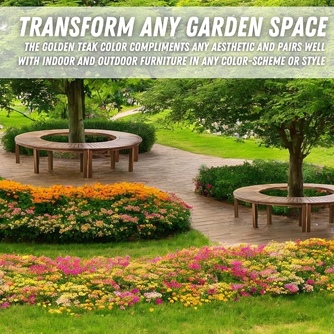Patio Wise Acacia Wood Outdoor Curved Bench for Fire Pit Seating – 6-Foot Backless Round Bench for Patio, Porch, Park, or Dining Table, 57" L x 16" W x 17.75" H, Teak Color