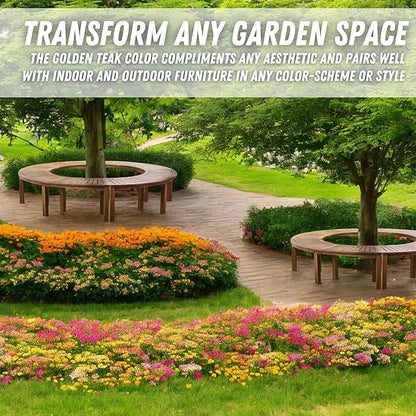 Patio Wise Acacia Wood Outdoor Curved Bench for Fire Pit Seating – 6-Foot Backless Round Bench for Patio, Porch, Park, or Dining Table, 57" L x 16" W x 17.75" H, Teak Color