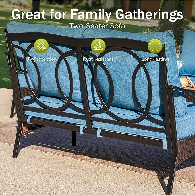 PHI VILLA Wicker & Metal Outdoor 2-Seat Patio Couch, Patio Sofa Loveseat with Deep Seating for Front Porch, Deck - Photo 6