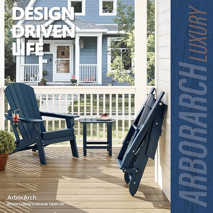 Folding Adirondack Chair Set of 2 with Cup Holder, HDPE All Weather Resistant Plastic Outdoor Patio Chairs, Heavy Duty Fire Pit Seating for Backyard Lawn Garden, Wooden Textured Design(Navy Blue)