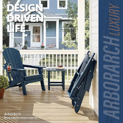 Folding Adirondack Chair with Cup Holder, HDPE All Weather Resistant Plastic Outdoor Patio Chairs, Heavy Duty Fire Pit Seating for Backyard Lawn Garden, Wooden Textured Design(Navy Blue)