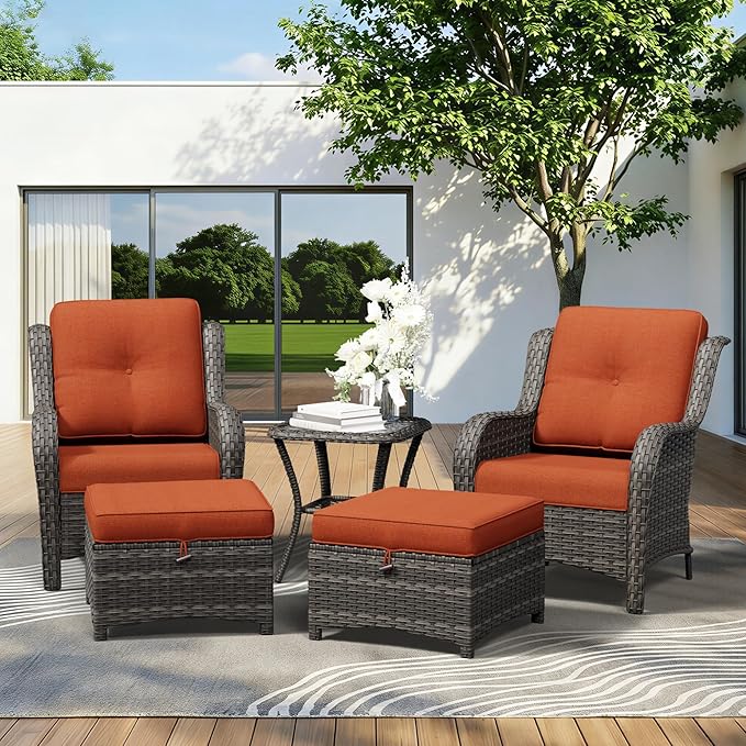5 Piece Outdoor Wicker Patio Furniture Set, Patio Chairs Set with Thickened Olefin Cushions, High Back and Deep Seating, Hand-Woven PE Rattan, Ottoman for Porch, Deck