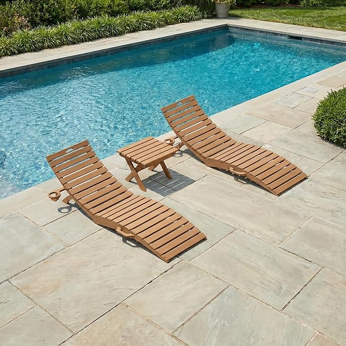 in-Pool Lounge Chairs Set of 2, Folding HDPE Pool Chairs Anti-Floating No Sandbags with Cup Holder & Handles, Outdoor Chaise Lounge for Poolside, Patio & Sun Deck(Teak)
