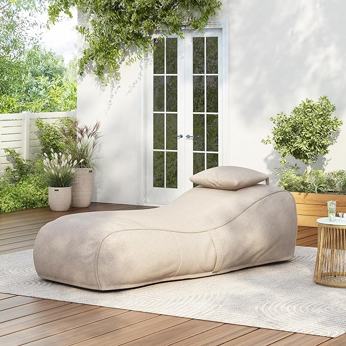 Merax Outdoor Bean Bag Chairs with Headrest, 71" L Large Lounger Chair for Adults Bean Bag Bed with Foam Filled for Patio Pool Balcony & Desk, Beige Fabric Outside Beanbag Chair, Beige