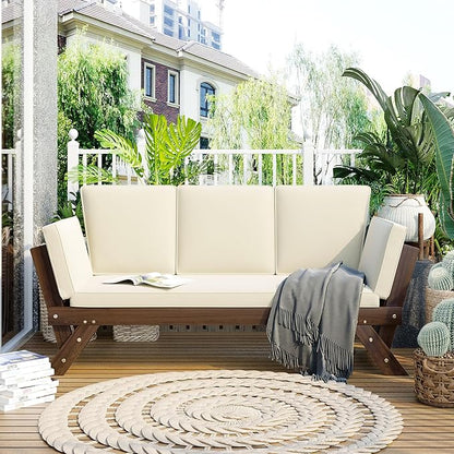 Merax Patio Sofa, Outdoor Adjustable Wooden Daybed, Chaise Lounge with Cushions, Beige
