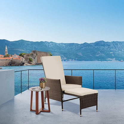 Teamson Home Outdoor PE Rattan Patio Lounge Chair with Pull-Out Ottoman and White Weather-Resistant Cushions Patios, Decks, Gardens, Poolside, Balconies, or Sunrooms, Brown