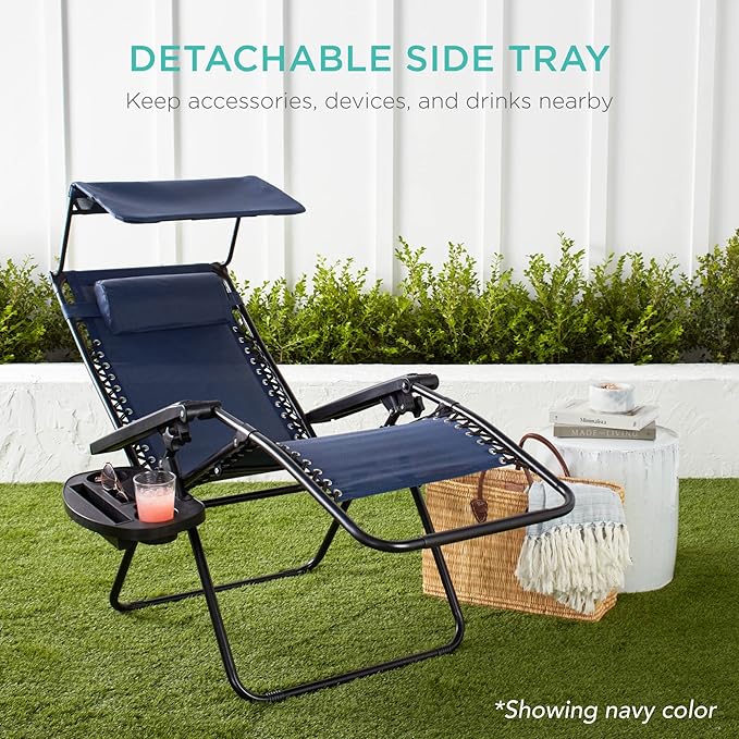 Best Choice Products Folding Zero Gravity Outdoor Recliner Patio Lounge Chair w/Adjustable Canopy Shade, Headrest, Side Accessory Tray, Textilene Mesh - Ivory