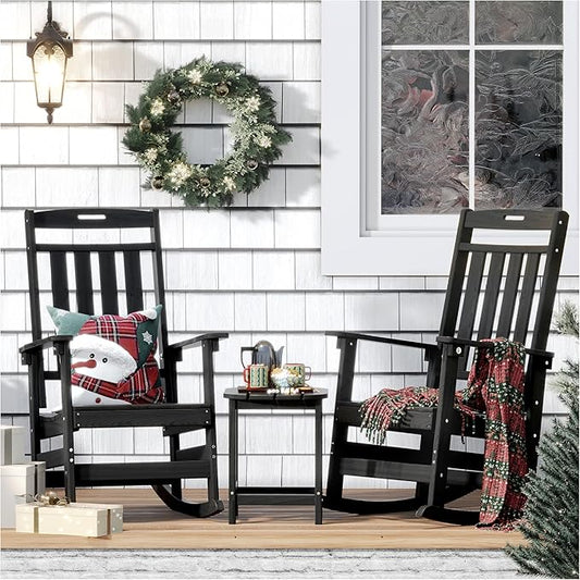 Outdoor Rocking Chair Oversized of 2 & Side Table Set, HDPE All Weather Resistant Patio Rocker, 31.5" High Back 21.5" Deep Seat Porch Chairs Set for Lawn Garden Deck Balcony 400lbs Capacity(Black)