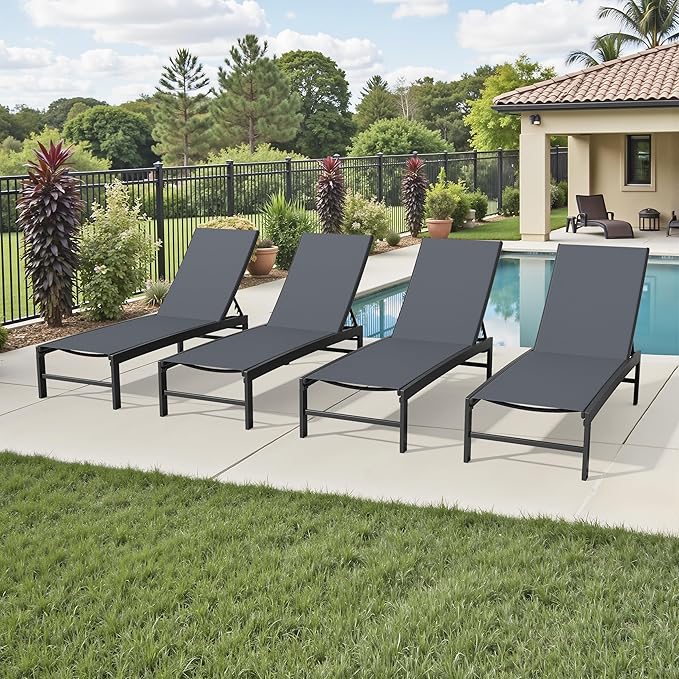 Crestlive Products Chaise Lounge Chair Outdoor Set of 4, Adjustable 5 Positions Pool Lounge Chairs, Metal Tanning Recliner, Outdoor Furniture All Weather for Patio, Beach, Yard, Pool(Dark Grey)