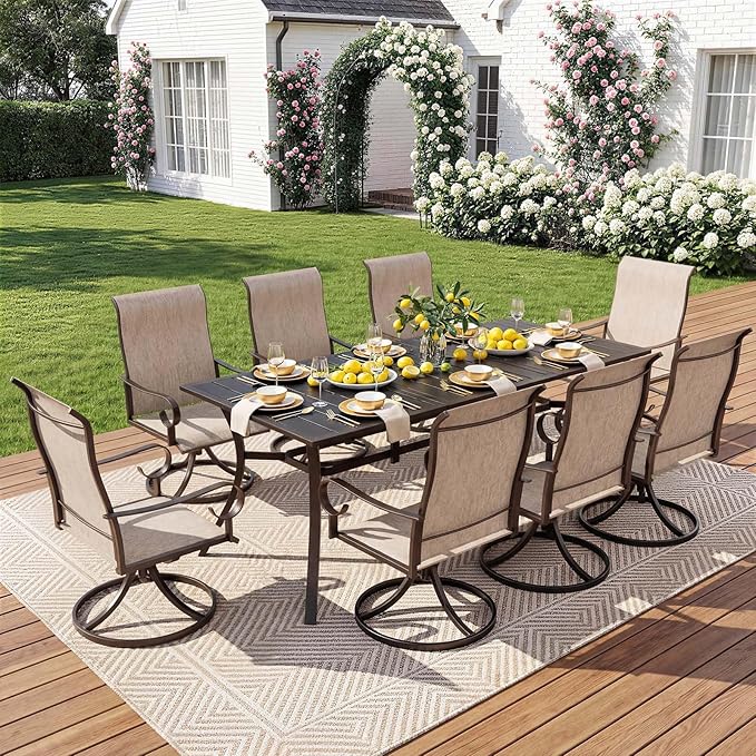 Rectangle Patio Dining Table, 8-Person Metal Outdoor Patio Table with Adjustable Umbrella Hole, Weather-Resistant for Garden Backyard Porch, Dark Brown