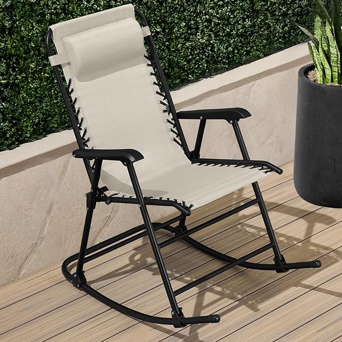 Best Choice Products Outdoor Folding Rocking Chair, Zero Gravity Lounge Chair, Patio Rocker w/Headrest Pillow - Ivory - Photo 2
