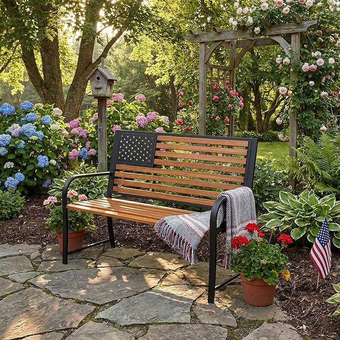 50" Garden Bench Outdoor Bench with American Flag Style, Cast Iron Metal Frame Sturdy Patio Park Bench Arch Legs for Porch,Lawn,Garden,Yard (Yellow-Brown)