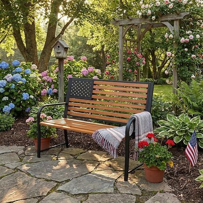 50" Garden Bench Outdoor Bench with American Flag Style, Cast Iron Metal Frame Sturdy Patio Park Bench Arch Legs for Porch,Lawn,Garden,Yard (Yellow-Brown)