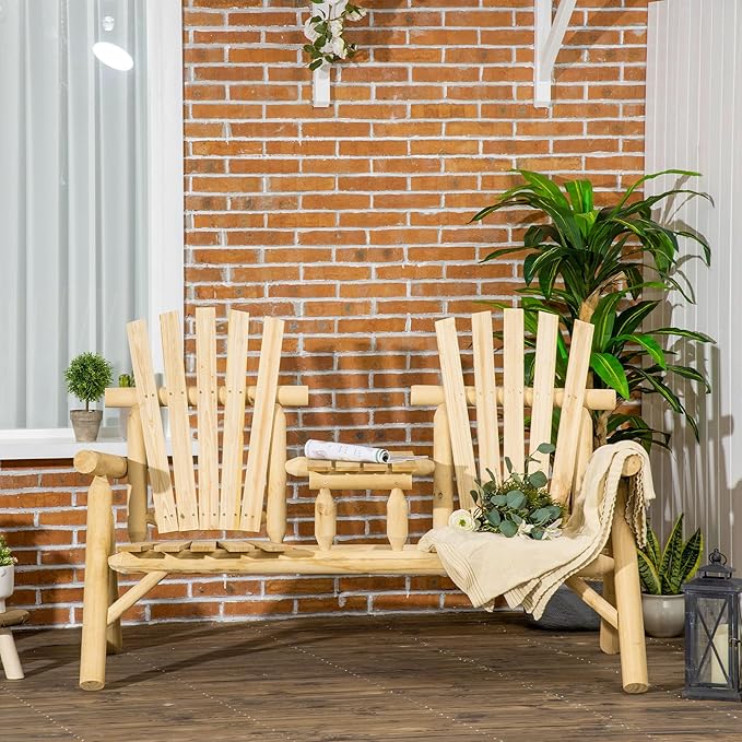 Outsunny 2-Seat Wooden Adirondack Chair, Patio Bench with Table, Outdoor Loveseat Fire Pit Chair for Porch, Backyard - Photo 2