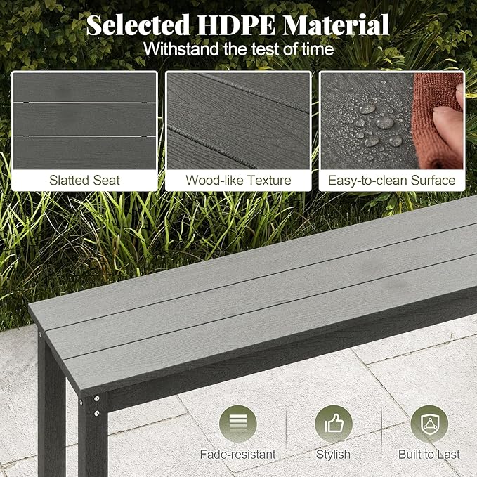 Tangkula HDPE Outdoor Bench, 2-3 Person Patio Bench, 55" Backless Garden Dining Bench with Slatted Seat, Weatherproof Park Bench for Entryway, Porch, Lawn & Backyard (Grey,2)