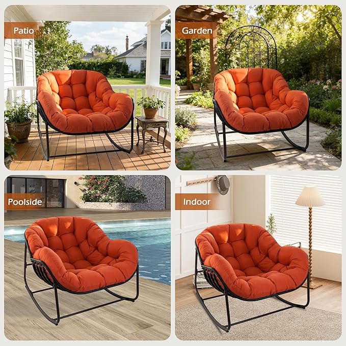 Papasan Rocking Chair Indoor & Outdoor, Oversized Egg-Shaped Papasan Rocker with Cushion & Pillow, All-Weather Wicker Patio Lounge Chair for Garden, Porch, Living Room (Red)