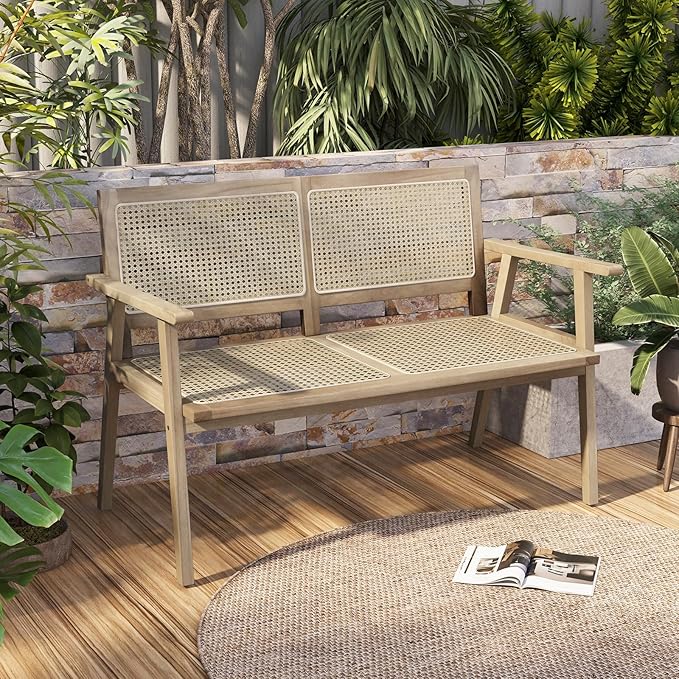 Tangkula Outdoor Teak Wood Garden Bench, 2-Person Patio Bench with Armrests, Rattan Backrest & Seat, Patio Garden Bench for Porch, Lawn, Balcony and Backyard, Natural