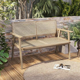 Tangkula Outdoor Teak Wood Garden Bench, 2-Person Patio Bench with Armrests, Rattan Backrest & Seat - Photo 2