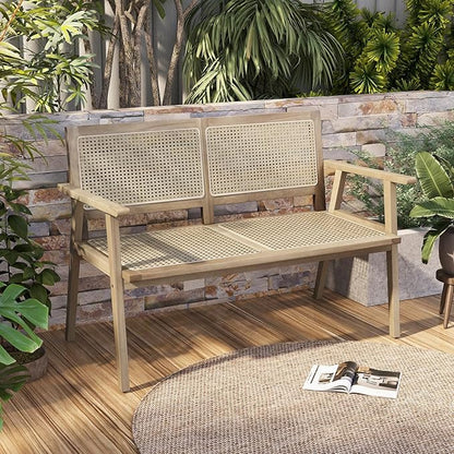 Tangkula Outdoor Teak Wood Garden Bench, 2-Person Patio Bench with Armrests, Rattan Backrest & Seat, Patio Garden Bench for Porch, Lawn, Balcony and Backyard, Natural