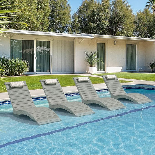 Pool Lounge Chairs Outdoor Set of 4，HDPS Long Pool Chairs for in Pools, Weighted All Weather Tanning Chair with Headrest，Chaise Lounge for Outside Beach Patio Sun Bathing Hotel, Gray