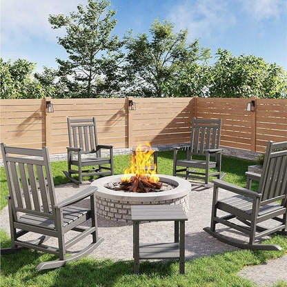 HDPE Rocking Chair Outdoor Set of 2 with Side Table - Poly High Back Porch Rocker Chairs for Adults - All Weather Resistant Furniture for Patio Front Porch - Gray
