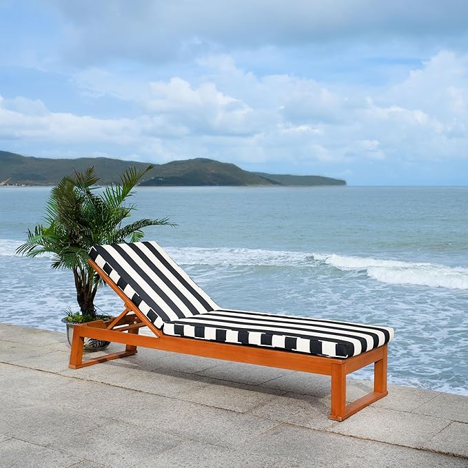 SAFAVIEH Outdoor Collection Solano Natural Brown Solid Wood/Navy Blue & White Stripe Cushion Patio Adjustable Chaise Lounge Chair (PAT7024H)
