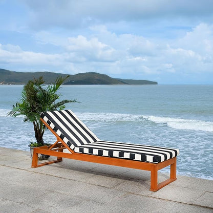 SAFAVIEH Outdoor Collection Solano Natural Brown Solid Wood/Navy Blue & White Stripe Cushion Patio Adjustable Chaise Lounge Chair (PAT7024H)