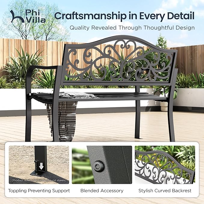 PHI VILLA 43 Inch Cast Iron Steel Frame Outdoor Garden Bench, Patio Furniture Chair Bench w/Floral Design Backrest - Photo 8