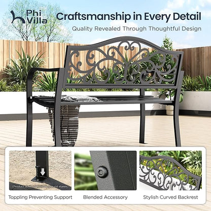 PHI VILLA 43 Inch Cast Iron Steel Frame Outdoor Garden Bench, Patio Furniture Chair Bench w/Floral Design Backrest, Slatted Seat for Park, Yard, Porch - Black