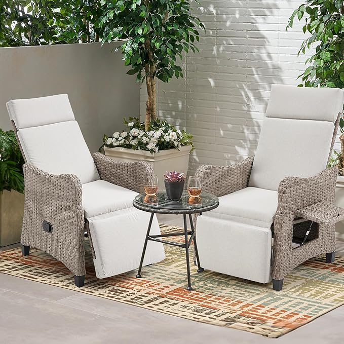 HOMREST Outdoor Recliner Chair with Flip-up Table Set of 2, Rattan Armchair with 150°Adjustable Backrest, Wicker Lounge Chair with Integrated Footstool & Removable Cushion for Gardens, Light Gray