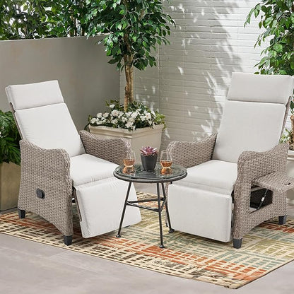 HOMREST Outdoor Recliner Chair with Flip-up Table Set of 2, Rattan Armchair with 150°Adjustable Backrest, Wicker Lounge Chair with Integrated Footstool & Removable Cushion for Gardens, Light Gray