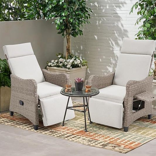 HOMREST Outdoor Recliner Chair with Flip-up Table Set of 2, Rattan Armchair with 150°Adjustable Backrest, Wicker Lounge Chair with Integrated Footstool & Removable Cushion for Gardens, Light Gray